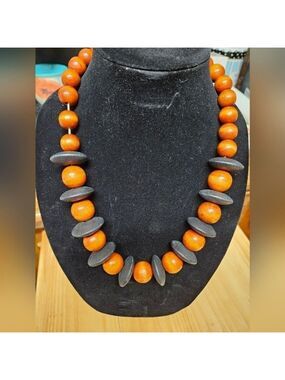 Vintage 80s Chunky Wood Orange Beads and Black Disc Necklace